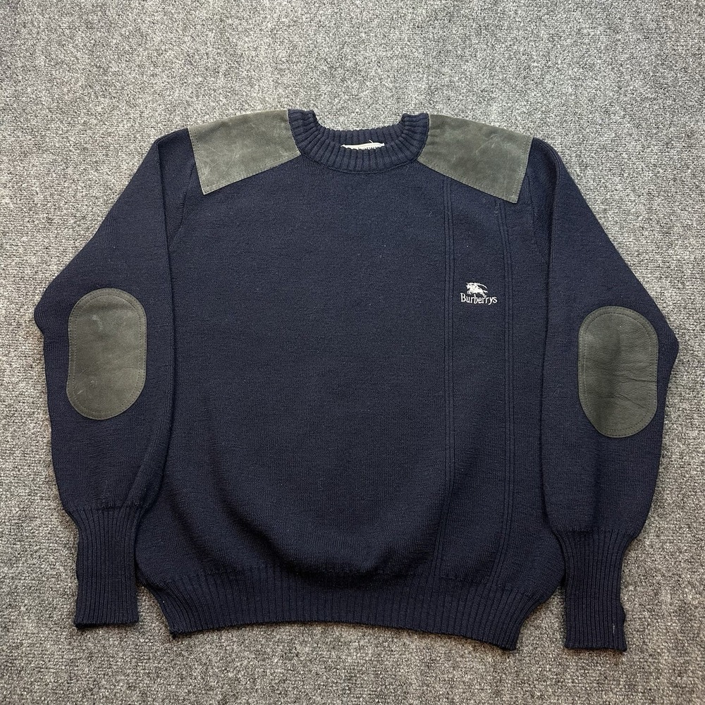 Vtg BURBERRYS' Knit Sweater Navy Men's Xl Shoulder Elbow Patch 90s Horse Logo